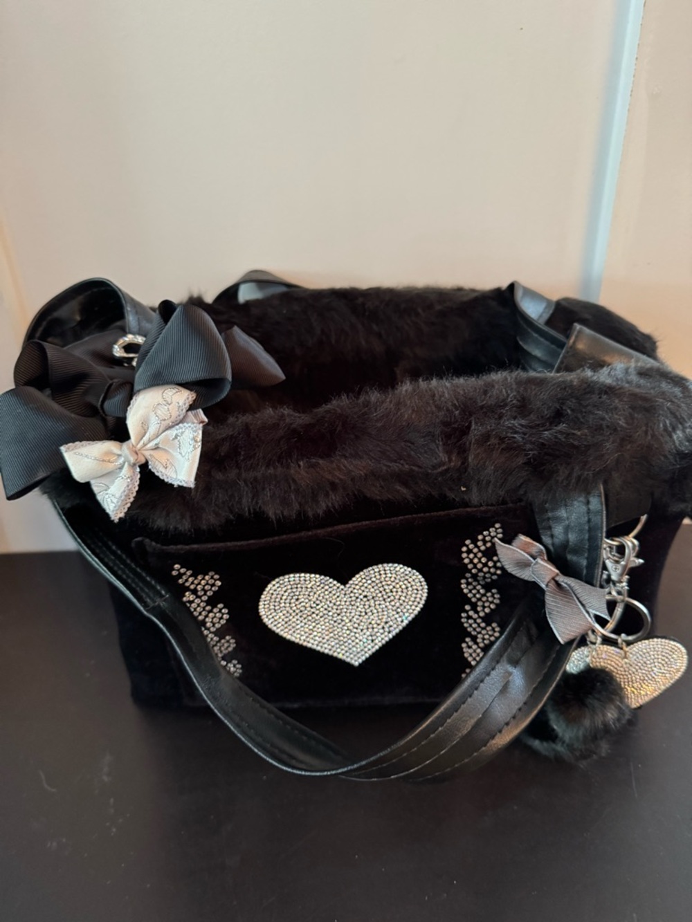 Custom Handmade Black Small Pet Carrier w/Rhinestones